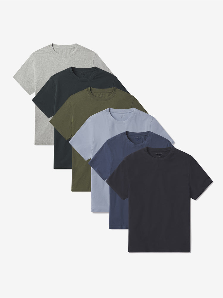 Men wearing Heather Gray/California Blue/Dark Olive/Graphite Blue/Pine/Navy Luxe Stretch Tee 6-Pack