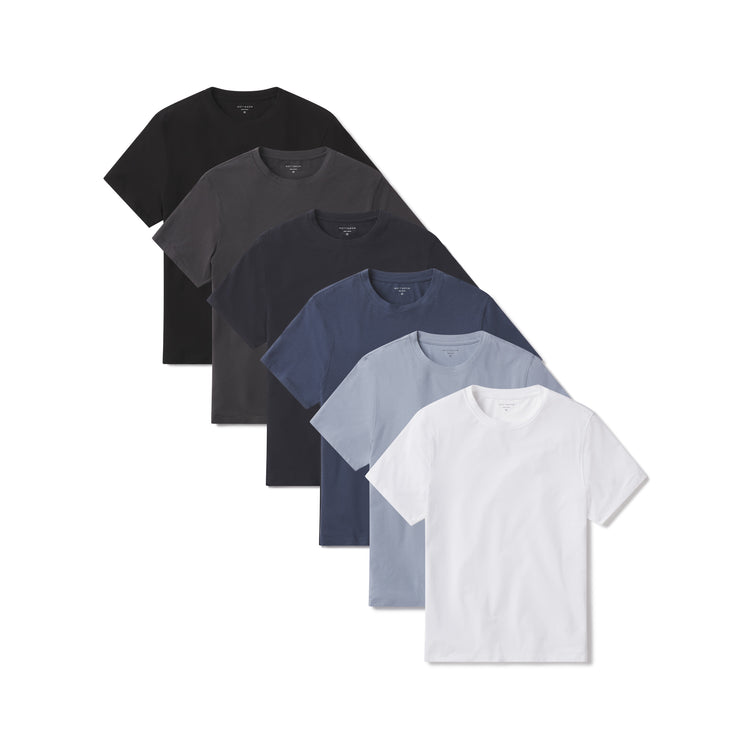 Men wearing White/Black/California Blue/Graphite Blue/Dark Gray/Navy Luxe Stretch Tee 6-Pack