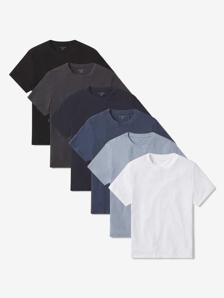 Men wearing White/Black/California Blue/Graphite Blue/Dark Gray/Navy Luxe Stretch Tee 6-Pack
