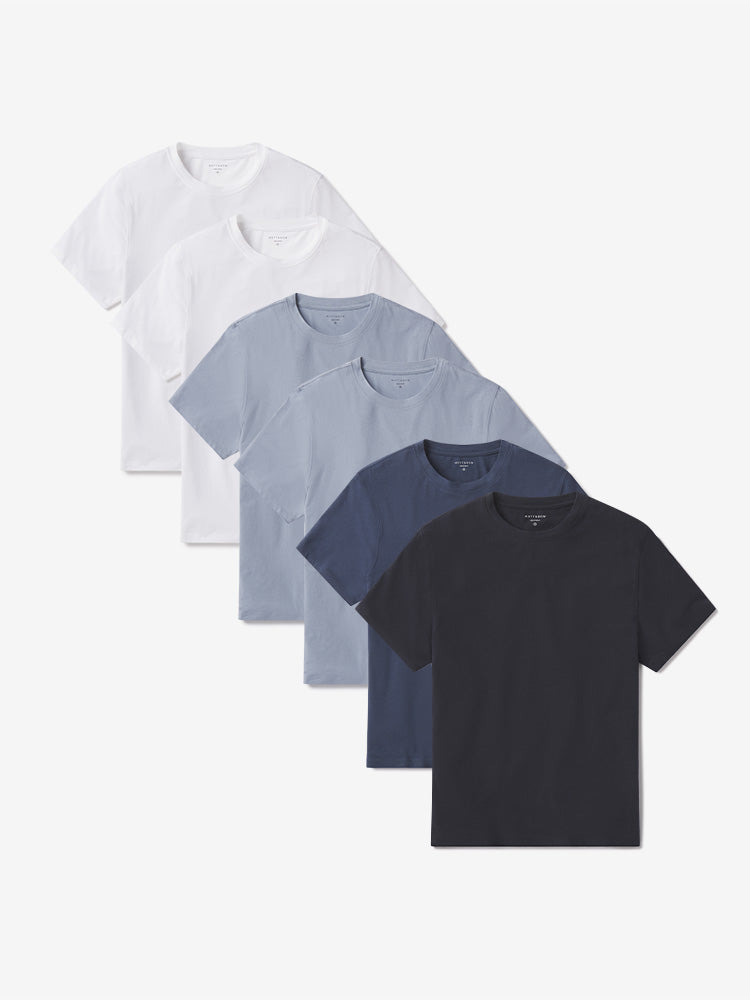 Men wearing White/California Blue/California Blue/Graphite Blue/Graphite Blue/Navy Luxe Stretch Tee 6-Pack