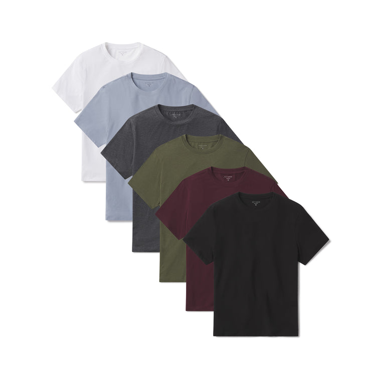 Men wearing White/California Blue/Dark Olive/Charcoal Heather/Maroon/Black Luxe Stretch Tee 6-Pack