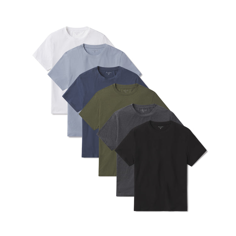 Men wearing White/California Blue/Graphite Blue/Dark Olive/Charcoal Heather/Black Luxe Stretch Tee 6-Pack