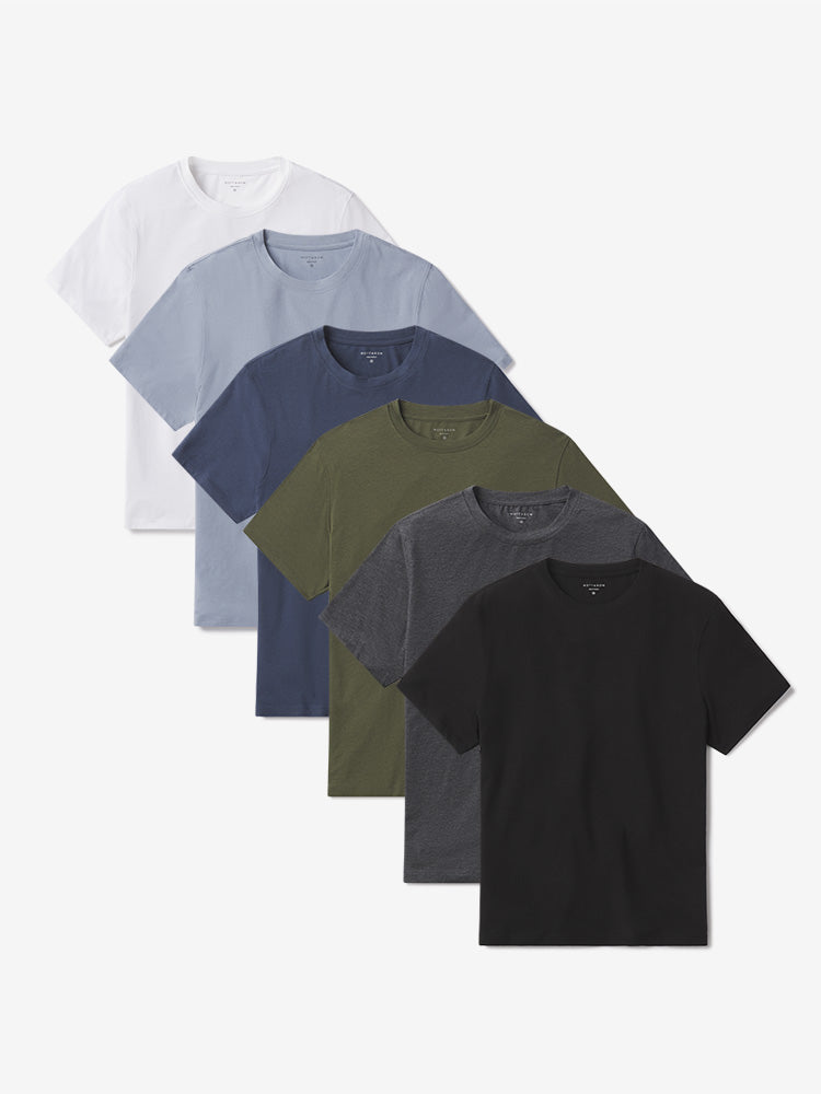 Men wearing White/California Blue/Graphite Blue/Dark Olive/Charcoal Heather/Black Luxe Stretch Tee 6-Pack