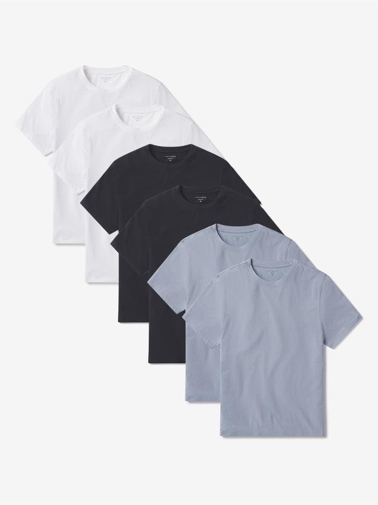 Men wearing White/California Blue/Navy Luxe Stretch Tee 6-Pack