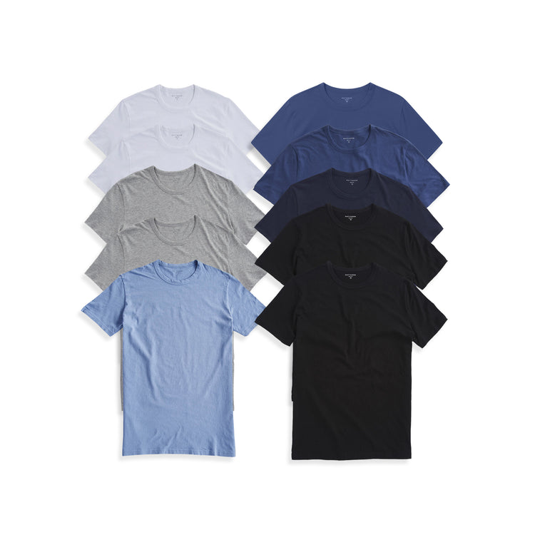 Men wearing White/White/Heather Gray/Heather Gray/California Blue/Baltic Blue/Graphite Blue/Navy/Black/Black Classic Crew Driggs 10-Pack