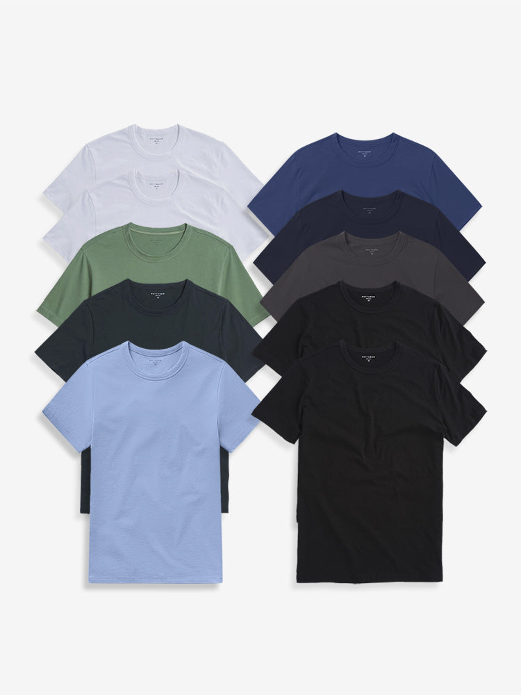 Men wearing White/White/Olive/California Blue/Baltic Blue/Pine/Navy/Dark Gray/Black/Black Classic Crew Driggs 10-Pack