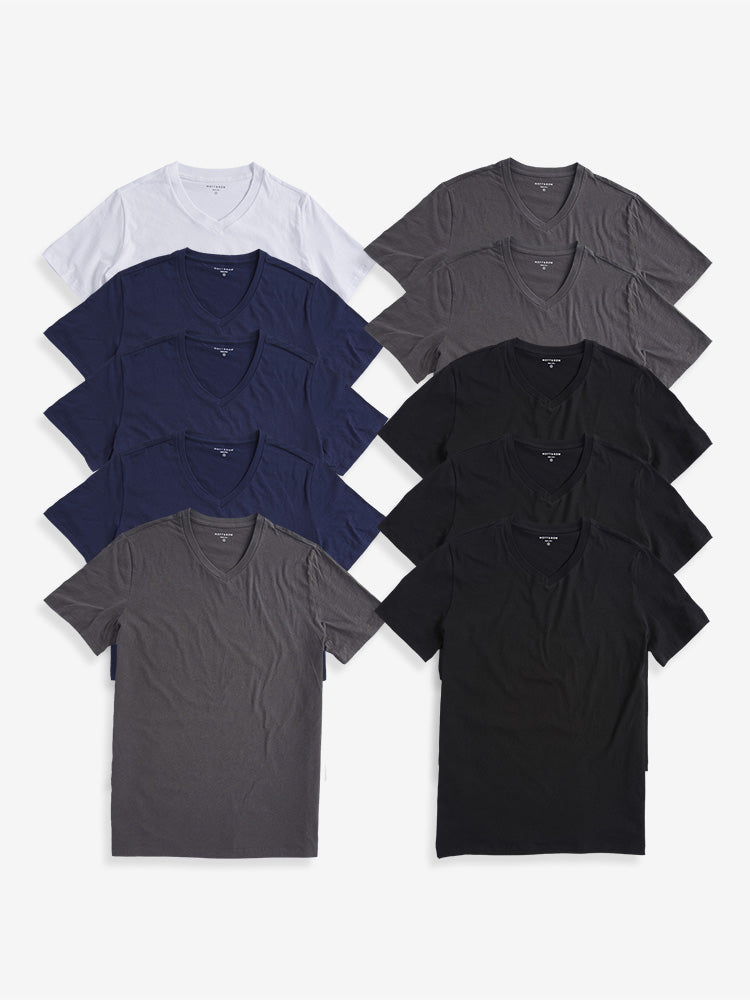 Men wearing Black/Dark Gray/Navy/White Classic V-Neck Driggs 10-Pack