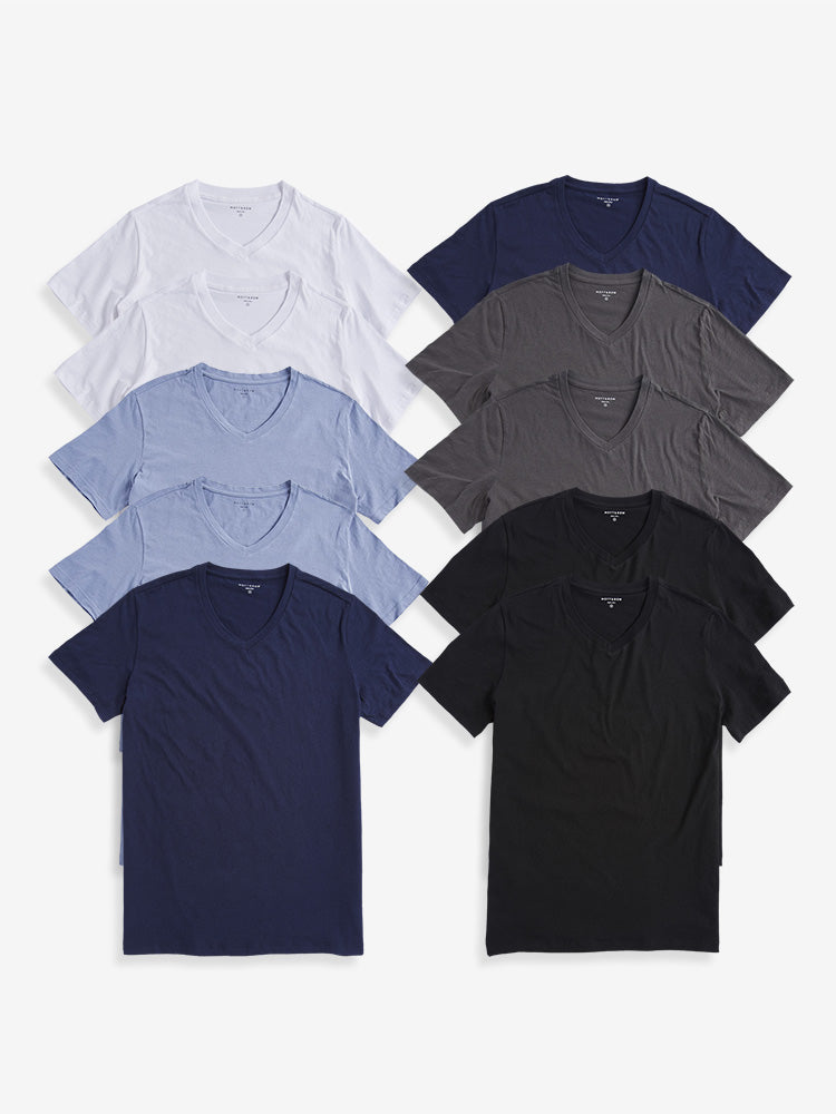 Men wearing Black/Dark Gray/Navy/California Blue/White Classic V-Neck Driggs 10-Pack