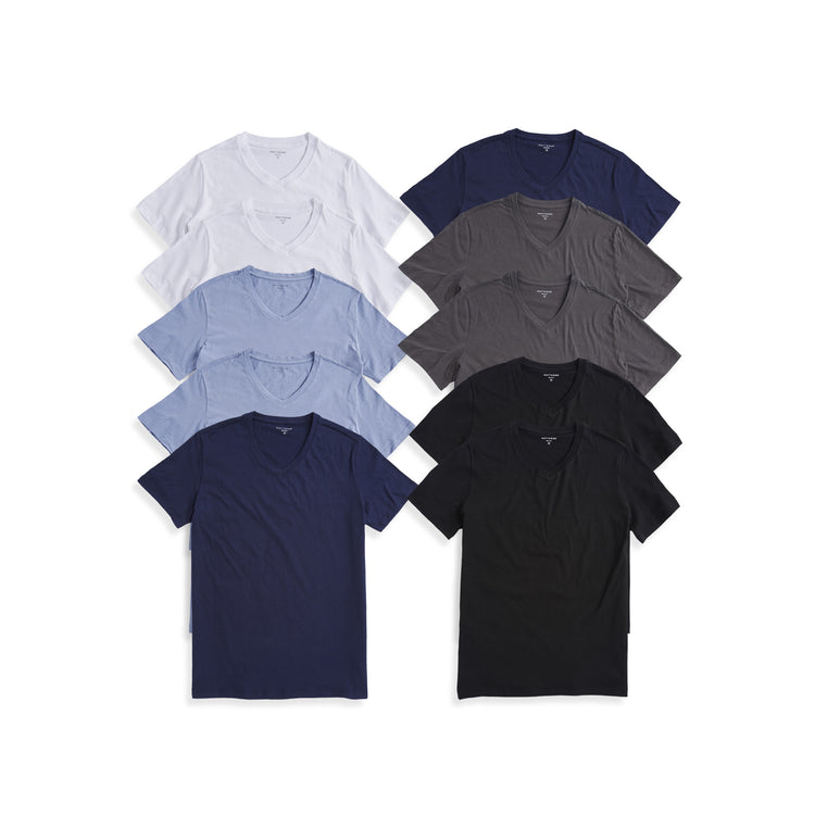 Men wearing Black/Dark Gray/Navy/California Blue/White Classic V-Neck Driggs 10-Pack