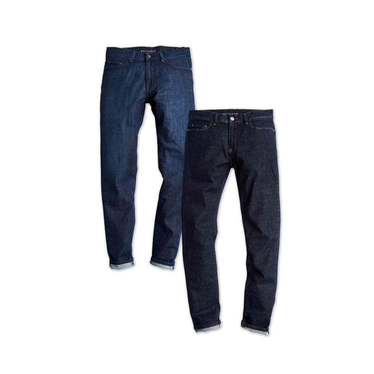 wearing Medium Blue/Dark Blue Straight Mosco and Straight Wooster 2-Pack Jeans
