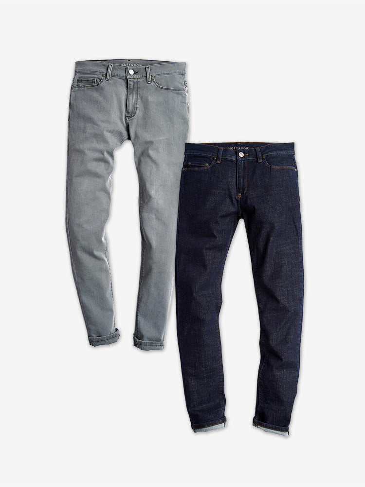 wearing Light Gray/Dark Blue Slim Stone and Slim Wooster 2-Pack Jeans