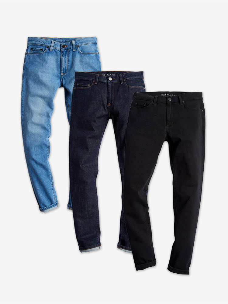 wearing Light Blue/Dark Blue/Black Skinny Benson, Wooster and Jay 3-Pack Jeans