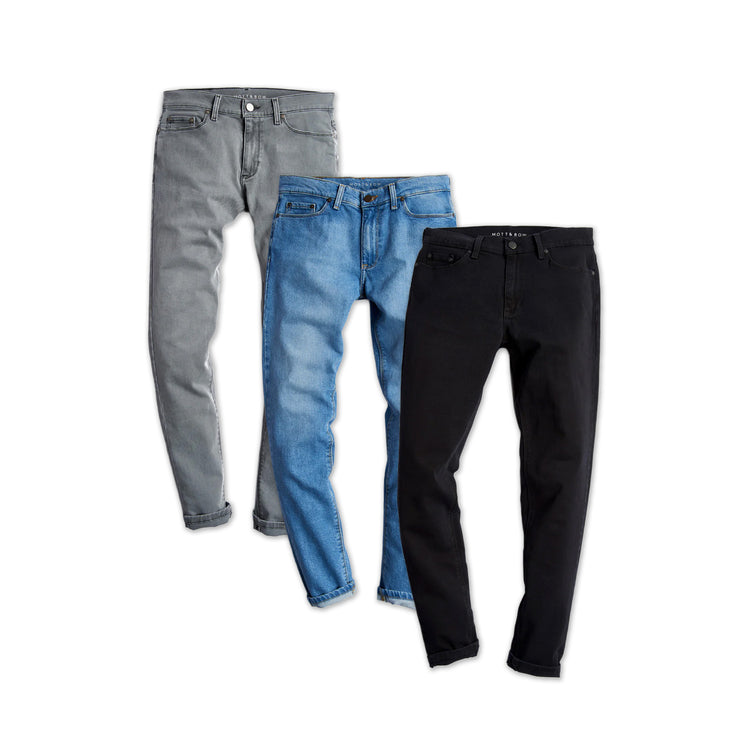 wearing Light Gray/Light Blue/Black Skinny Stone, Benson and Jay 3-Pack Jeans