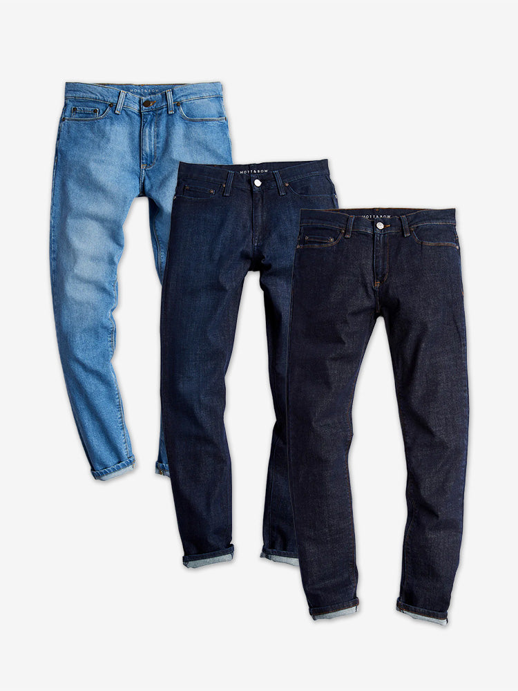 wearing Light Blue/ Medium/Dark Blue /Dark Blue Straight Benson, Crosby and Wooster 3-Pack Jeans