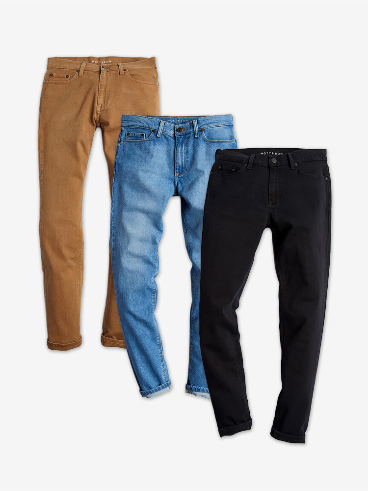 wearing Khaki/Light Blue/Black Skinny Mercer, Benson and Jay 3-Pack Jeans