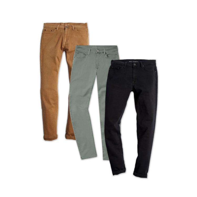 wearing Light Blue/Medium Blue/Black Slim Mercer, Mercer and Jay 3-Pack Jeans