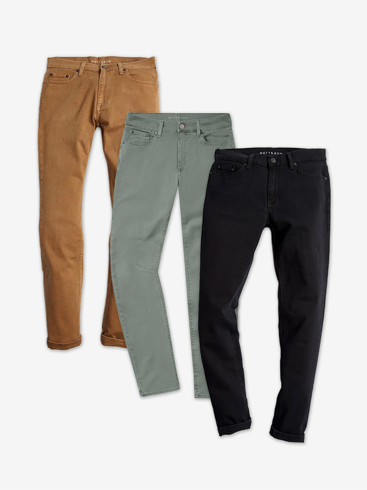 wearing Light Blue/Medium Blue/Black Slim Mercer, Mercer and Jay 3-Pack Jeans