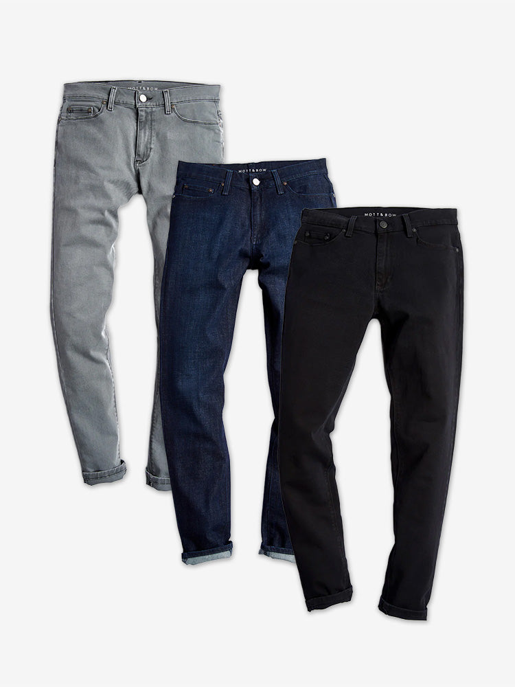 wearing Light Gray/ Medium/Dark Blue /Black Straight Stone, Crosby and Jay 3-Pack Jeans