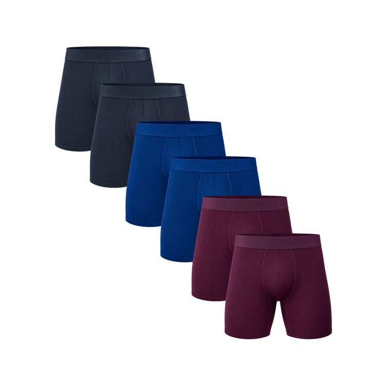 Men wearing Navy/Eggplant/Sapphire Boxer Brief 6-Pack