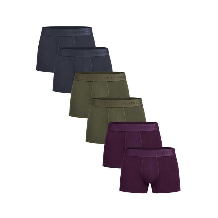 Men wearing Navy/Dark Moss/Eggplant Trunks 6-Pack