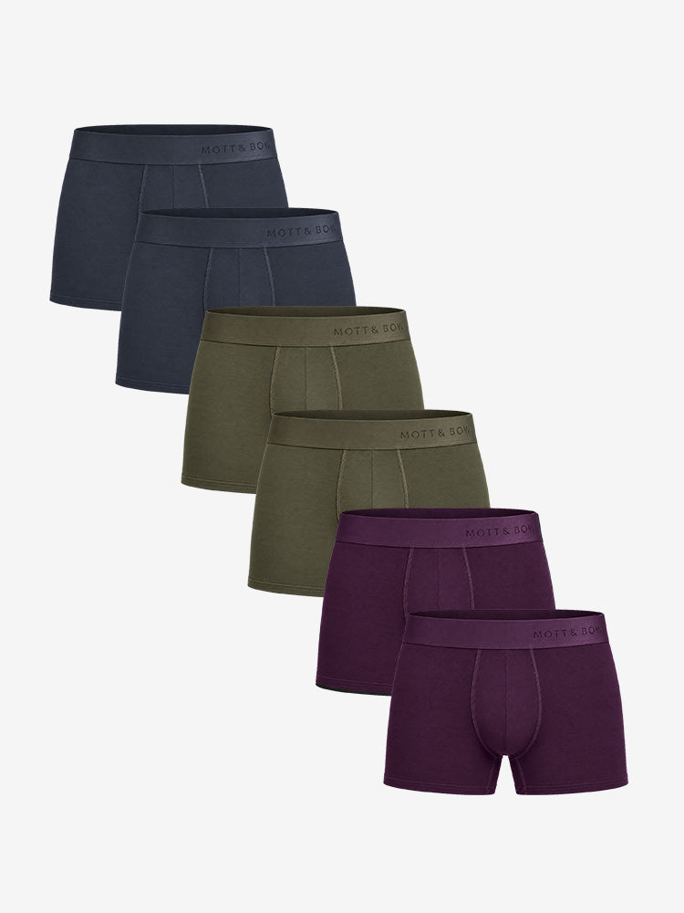 Men wearing Navy/Dark Moss/Eggplant Trunks 6-Pack