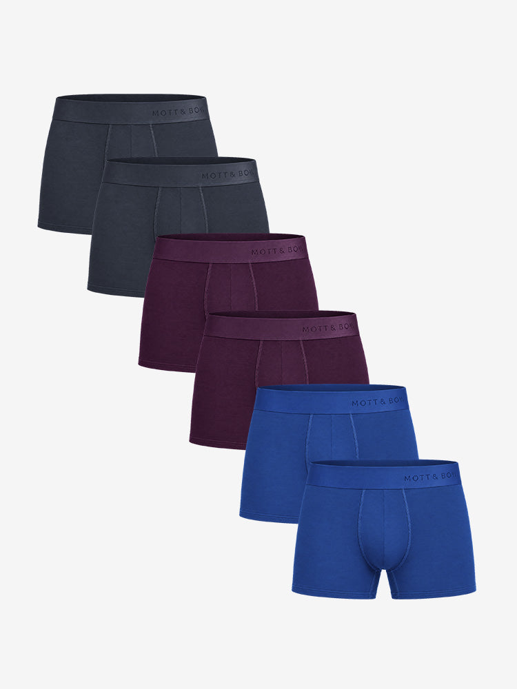 Men wearing Navy/Eggplant/Sapphire Trunks 6-Pack