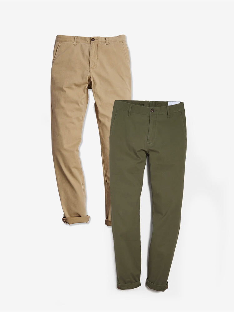Men wearing Khaki/Green Everyday Comfort Chino Slim Pants 2-Pack