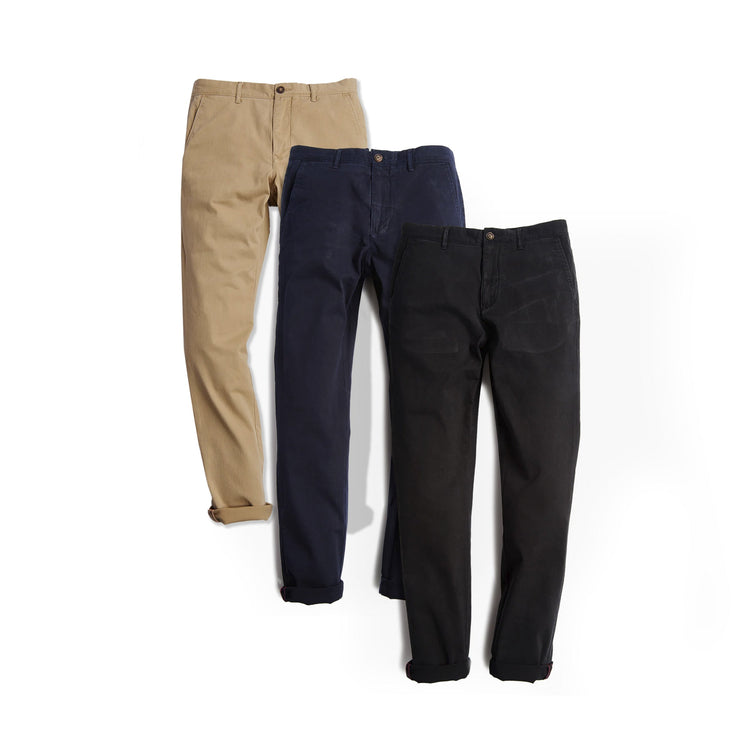 Men wearing Khaki/Black/Navy Everyday Comfort Chino Slim Pants 3-Pack