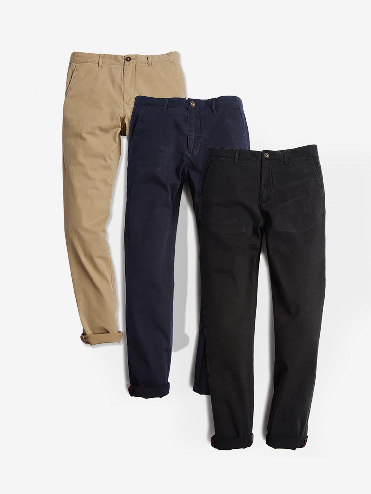 Men wearing Khaki/Black/Navy Everyday Comfort Chino Slim Pants 3-Pack
