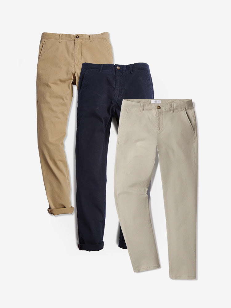 Men wearing Navy/Khaki/Ecru Everyday Comfort Chino Slim Pants 3-Pack
