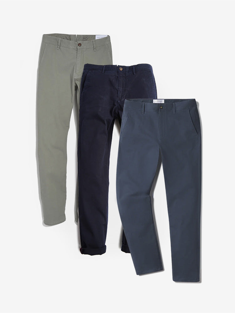 Men wearing Navy/Riverside/Light Gray Everyday Comfort Chino Slim Pants 3-Pack