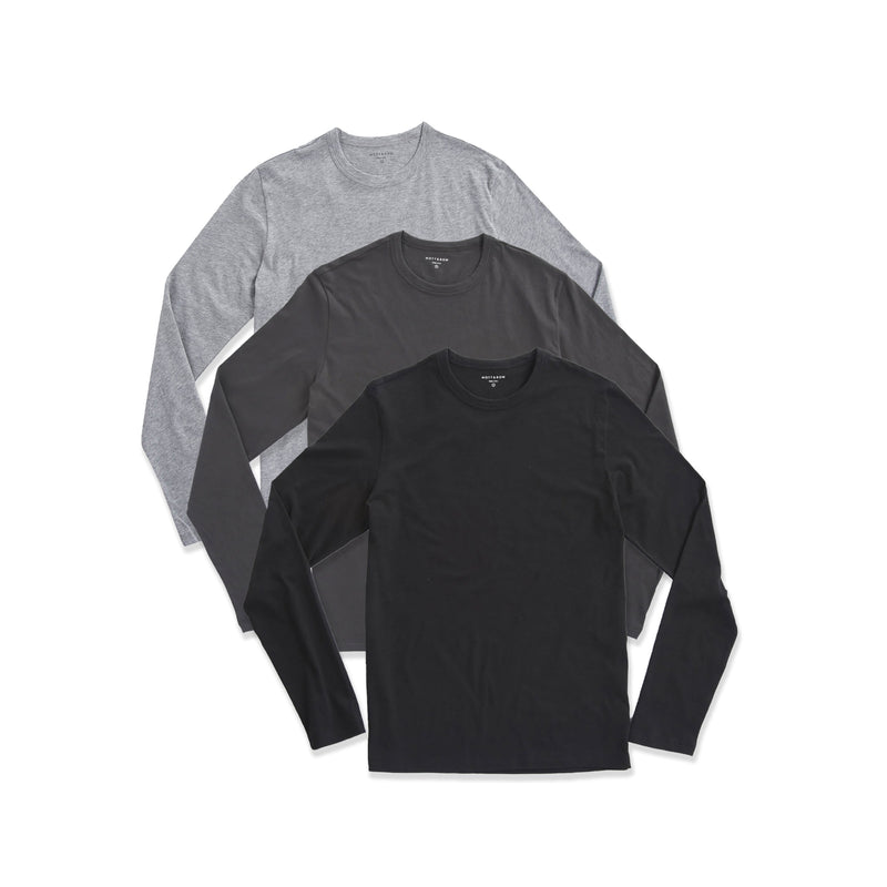 Men wearing Heather Gray/Dark Gray/Black Long Sleeve Crew Tee Driggs 3-Pack tees