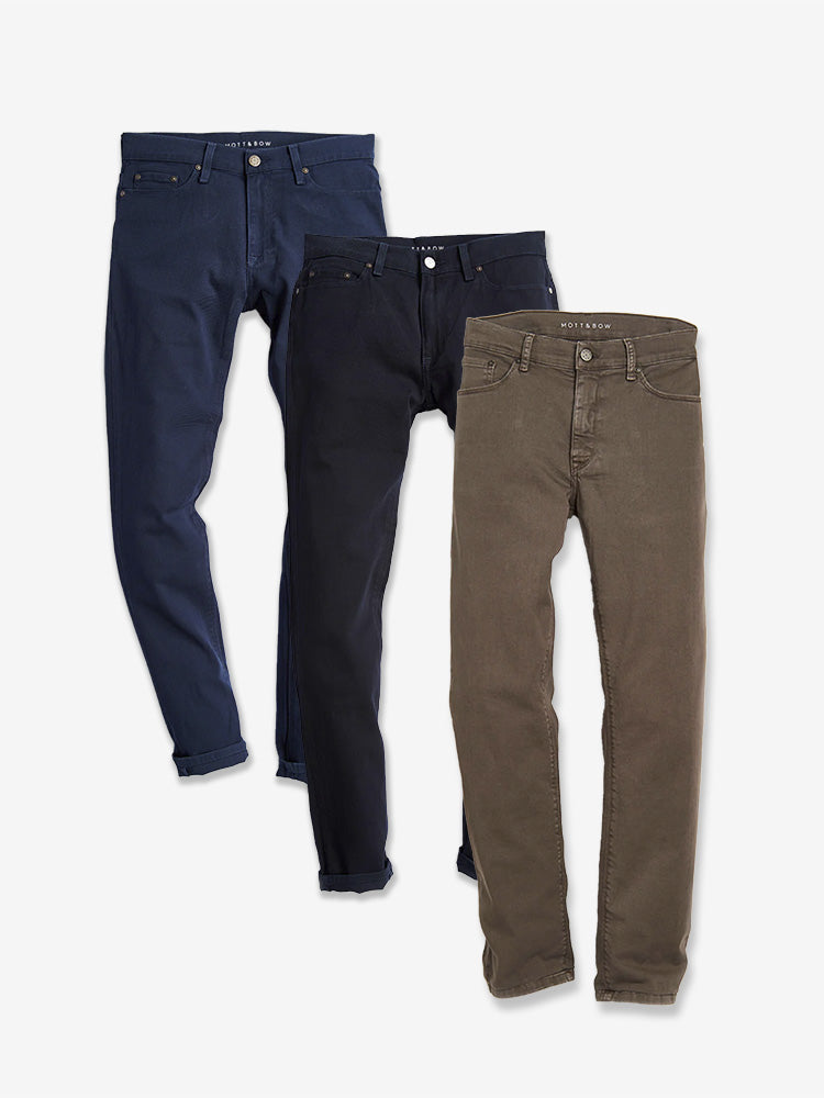 Men wearing Blue/Navy/Saddle Slim Mercer Jeans 3-Pack