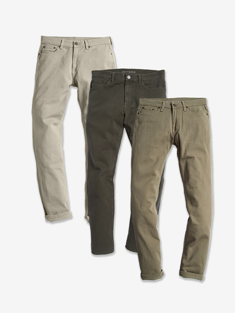 Men wearing Light Khaki/Military Green/Olive Slim Twill Stretch Jeans 3-Pack