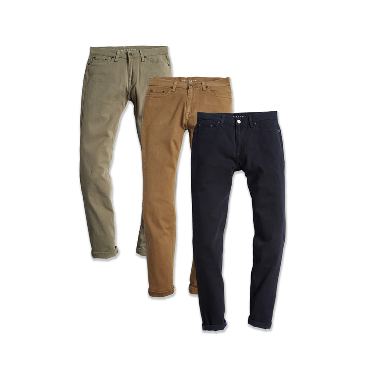 Men wearing Olive/Khaki/Navy Straight Twill Stretch Jeans 3-Pack