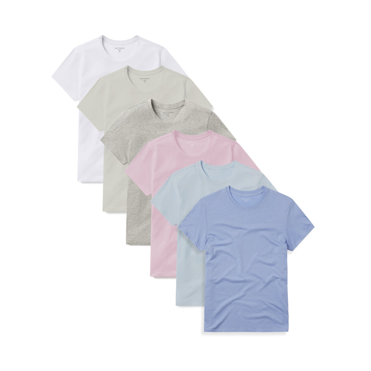 Women wearing White/Vintage White/Heather Gray/Rose Pink/Ice Blue/Hydrangea Fitted Crew Marcy 6-Pack