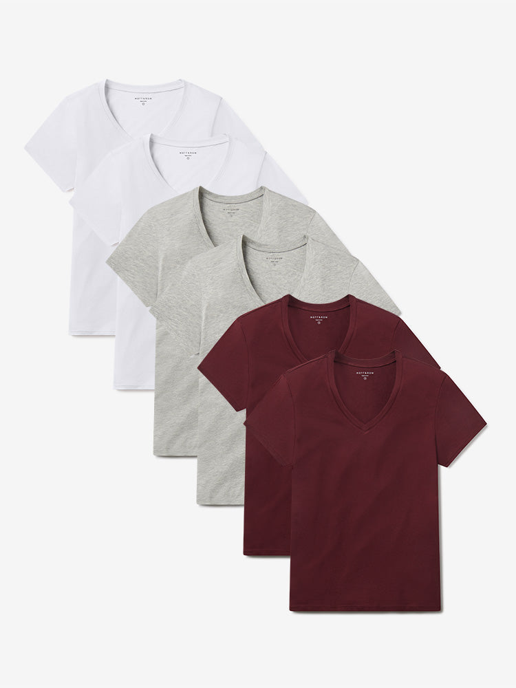 Women wearing Crimson/Heather Gray/White Fitted V-Neck Marcy 6-Pack