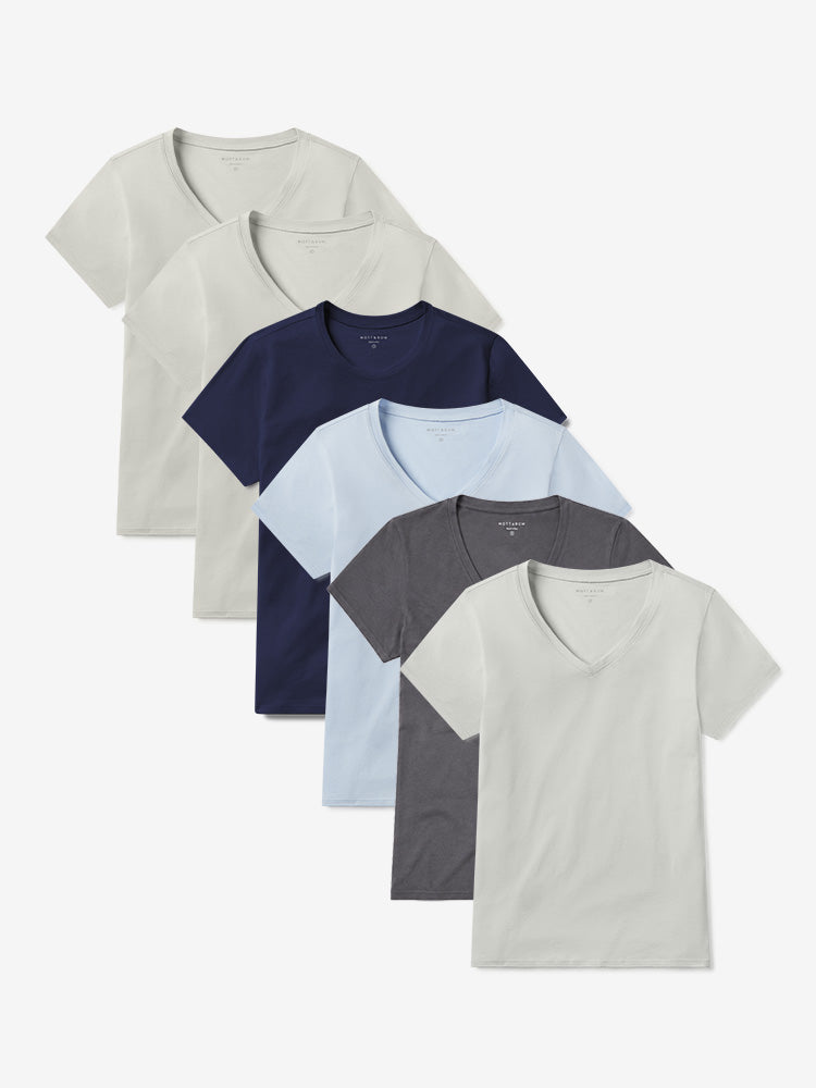 Women wearing Vintage White/Vintage White/Navy/Ice Blue/Noche Gray/Light Gray Fitted V-Neck Marcy 6-Pack