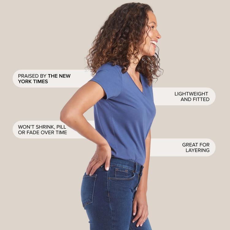 Women wearing Vintage Navy Fitted V-Neck Marcy Tee