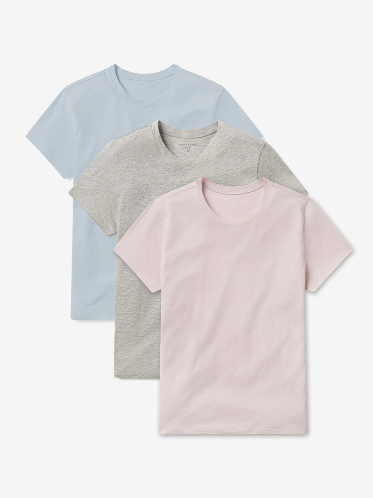 Women wearing Heather Gray/Champagne/Ice Blue Fitted Crew Marcy 3-Pack