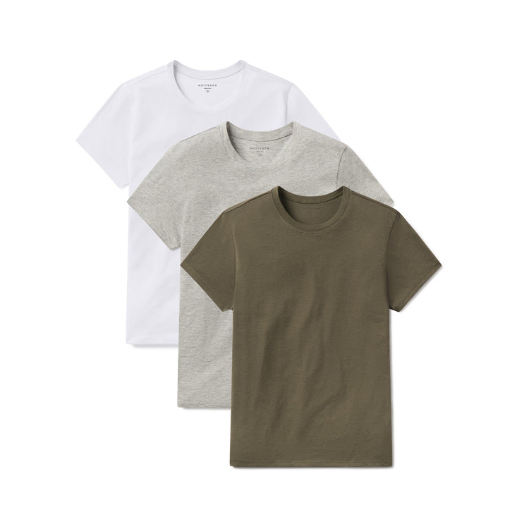 Women wearing Military Green/Heather Gray/White Fitted Crew Marcy 3-Pack