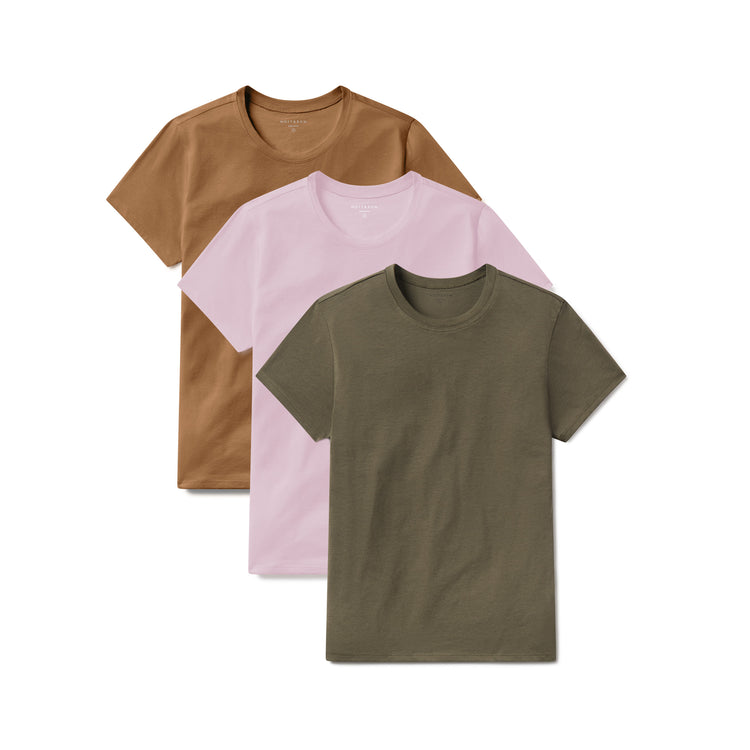 Women wearing Military Green/Rose Pink/Cardamom Fitted Crew Marcy 3-Pack