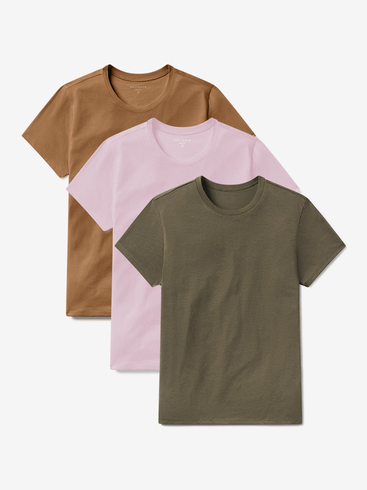 Women wearing Military Green/Rose Pink/Cardamom Fitted Crew Marcy 3-Pack