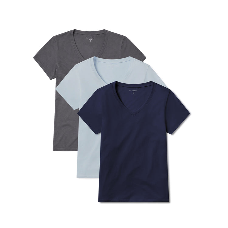 Women wearing Ice Blue/Noche Gray/Navy Fitted V-Neck Marcy 3-Pack