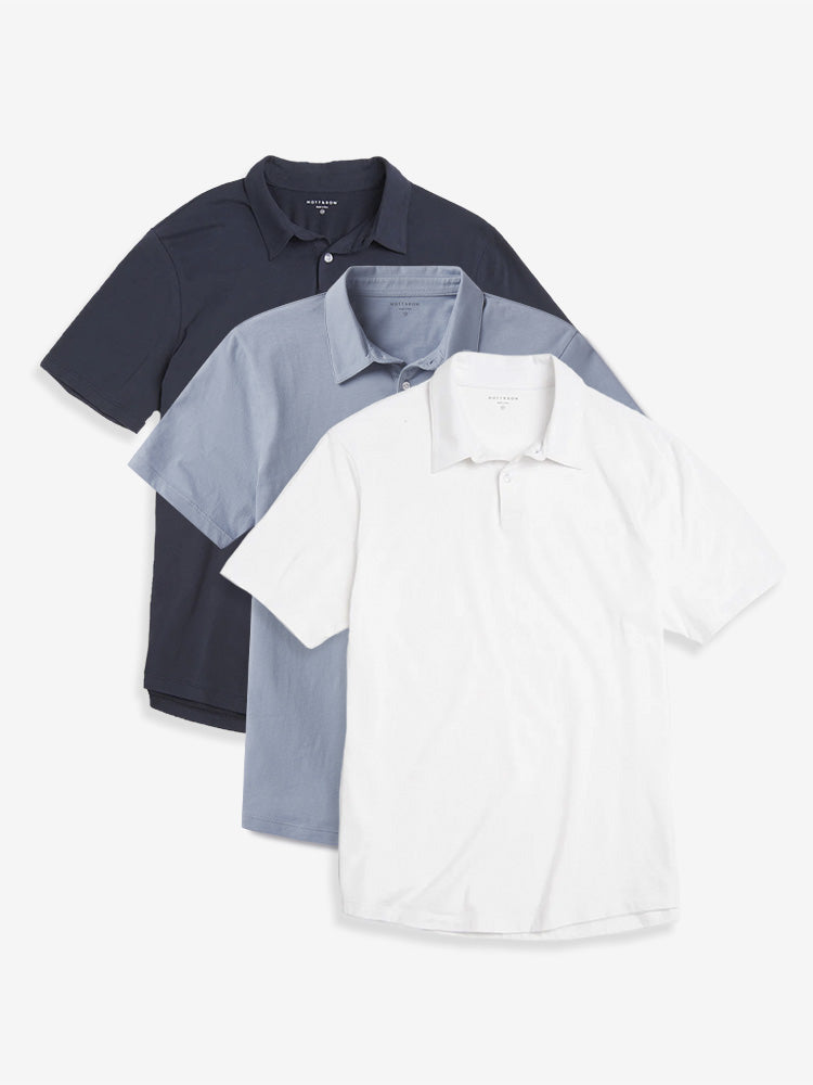 Men wearing White/California Blue/Navy Jersey Sueded Polo 3-Pack