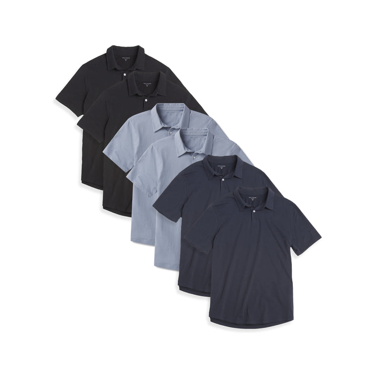 Men wearing California Blue/Black/Navy Jersey Sueded Polo 6-Pack
