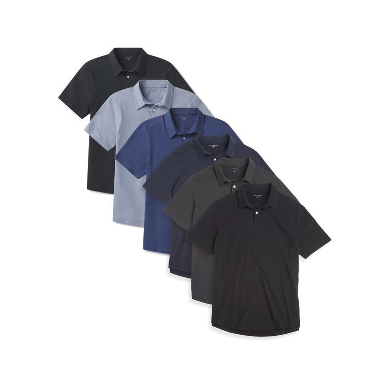 Men wearing Black/Navy/Dark Gray/Pine/California Blue/Baltic Blue Jersey Sueded Polo 6-Pack