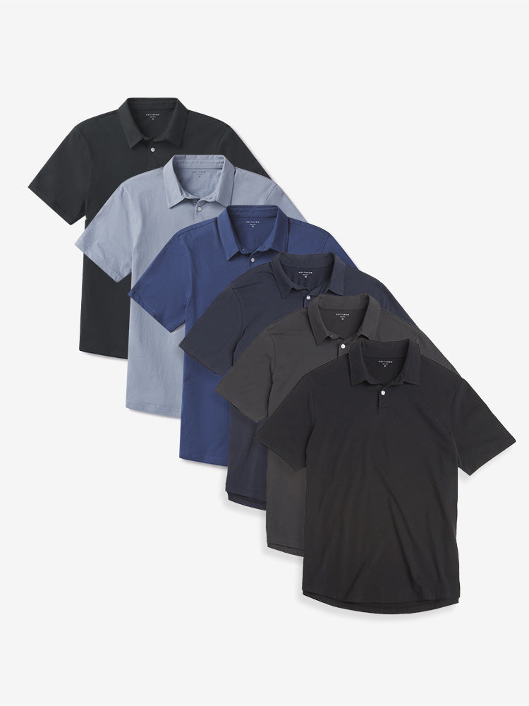 Men wearing Black/Navy/Dark Gray/Pine/California Blue/Baltic Blue Jersey Sueded Polo 6-Pack
