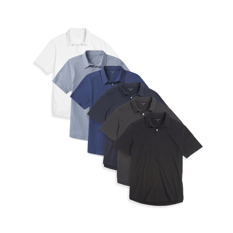 Men wearing White/California Blue/Black/Navy/Dark Gray/Baltic Blue Jersey Sueded Polo 6-Pack