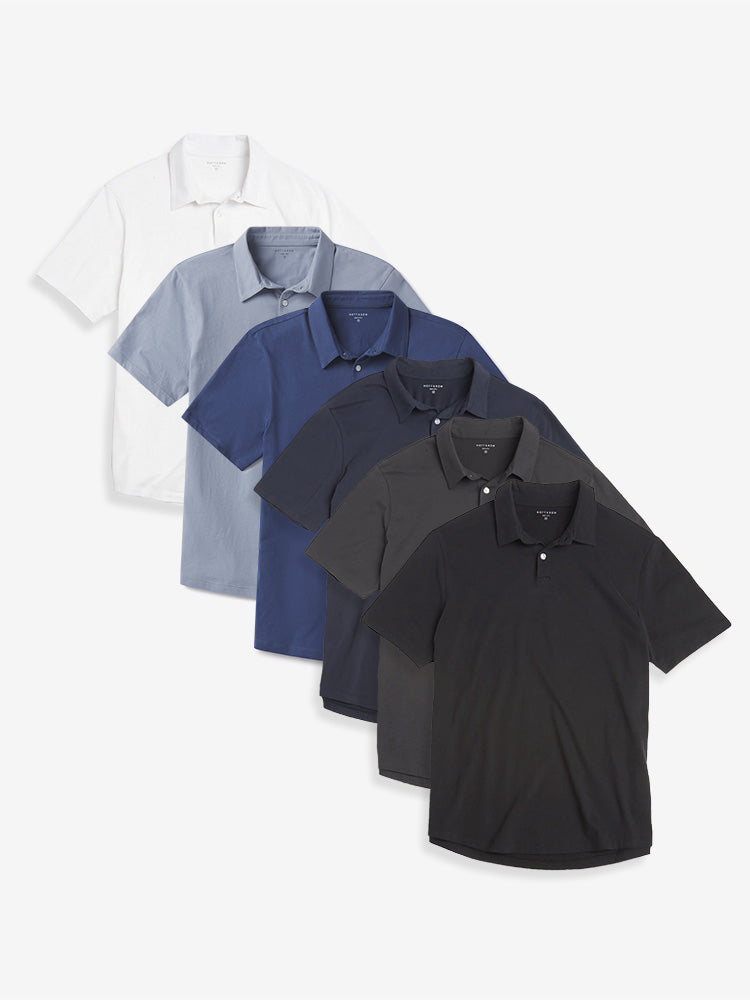 Men wearing White/California Blue/Black/Navy/Dark Gray/Baltic Blue Jersey Sueded Polo 6-Pack